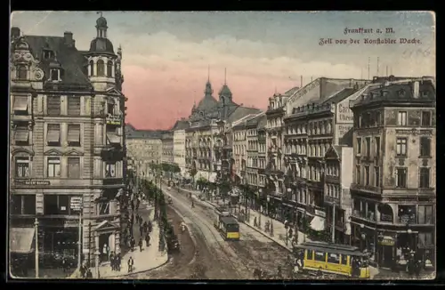 AK Frankfurt, Zeil mit Strassenbahn von der Konstabler Wache gesehen