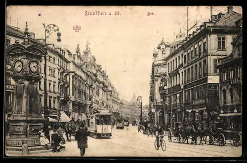 AK Frankfurt a. M., Zeil mit Geschäften und Strassenbahn