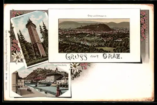 Lithographie Graz, Schlossberg, Hilmwarte und Gesamtansicht