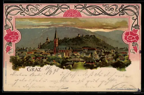 AK Graz, Blick auf die Ortschaft, Blumen Umrandung