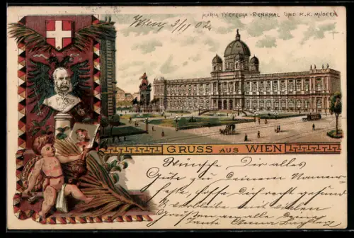 Lithographie Wien, Maria Theresia-Denkmal und K. k. Museen, Büste Kaiser Franz Joseph, Pferdebahn, Pferdekutsche