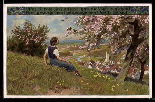Künstler-AK P. Hey, Volksliederkarte Nr. 74: Frau auf der Wiese unter einem blühenden Baum sitzend
