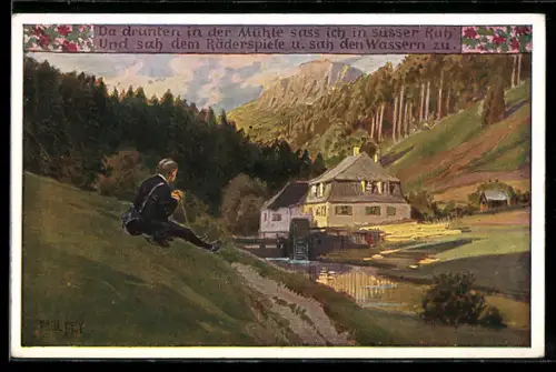Künstler-AK Paul Hey: Wanderer an einer Wassermühle, Verein für das Deutschtum im Ausland