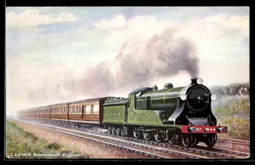 Künstler-AK Englische Eisenbahn Bournemouth Express No. 444, L & SWR