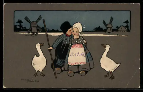 Künstler-AK Ethel Parkinson: Kinder in holländischer Tracht, Gänse, Windmühlen