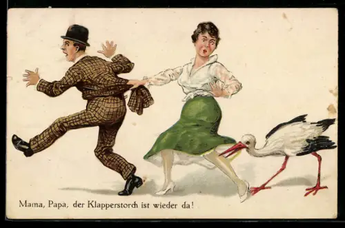 AK Doch das Unglück schreitet schnell!, Storch und flüchtendes Paar, Scherz
