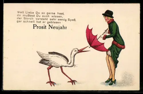 AK Dame schützt sich mit dem Regenschirm vor dem Storch, Erotik