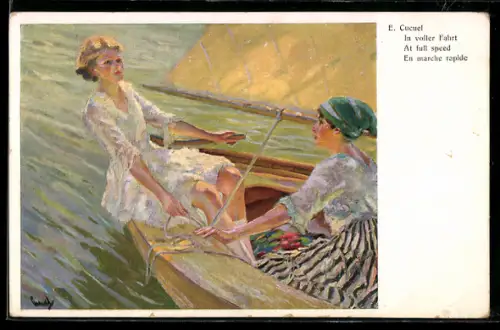 Künstler-AK Edward Cucuel: junge Damen in einem Segelboot
