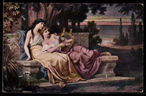Künstler-AK zwei Frauen mit Harfe an den Ufern des Hellespont