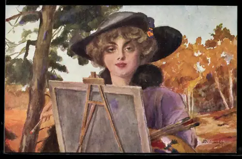 Künstler-AK Herbst, Malerin mit Hut an ihrer Staffelei