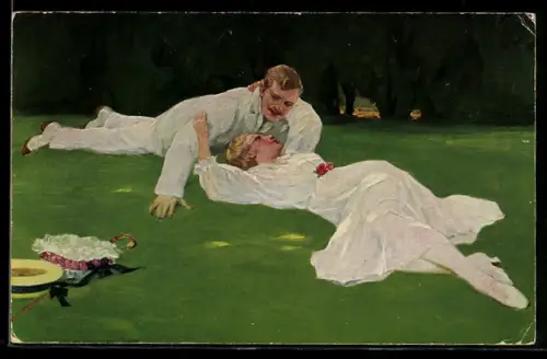 Künstler-AK R. Borrmeister: Paar liegt zusammen auf einer schattigen Wiese