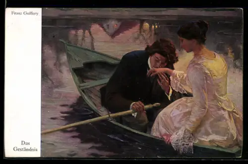 Künstler-AK Wohlgemuth & Lissner, Primus-Postkarte No. 3026: das Geständnis, Mann küsst die Hand einer Frau