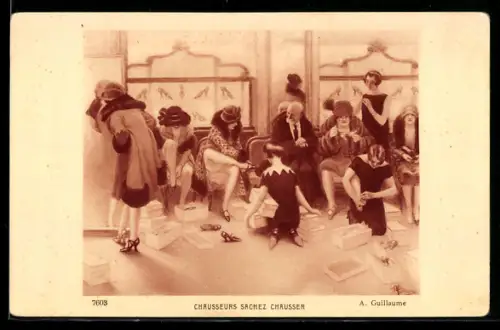Künstler-AK Albert Guillaume: Chausseurs sachez chausser, Herr und Damen im Schuhgeschäft