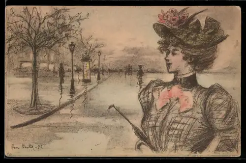 Künstler-AK Henri Boutet: Dame mit Hut und Schirm durch eine Stadt spazierend