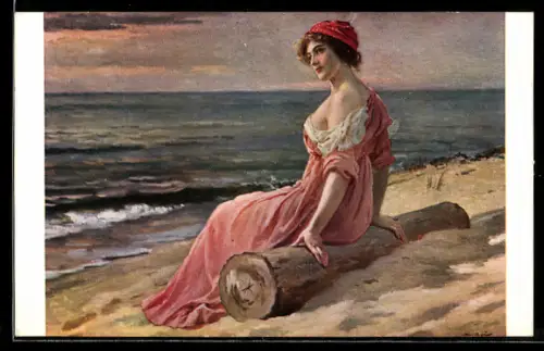 Künstler-AK Frau im rosa Kleid auf Treibgut am Strand, Bademode