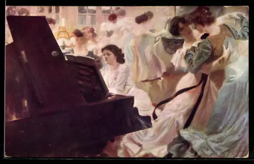 Künstler-AK Frau am Klavier spielt für tanzende Frauen