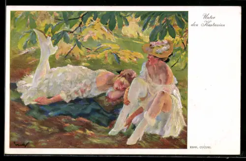 Künstler-AK sign. E. Cucuel: Unter den Kastanien, zwei Frauen in Kleidern