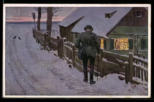 Künstler-AK P. Hey: Weihnachtskarte Nr. 10, Wanderer erreicht das Haus, Verein für das Deutschtum im Ausland