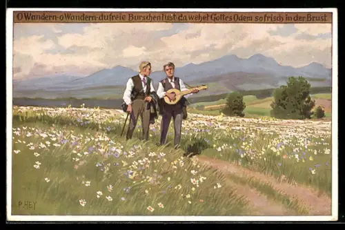 Künstler-AK Paul Hey: Volksliederkarte Nr. 92: O Wandern, o Wandern, Männer mit Gitarre auf Wanderschaft