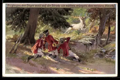 Künstler-AK Paul Hey: Volksliederkarte Nr. 25 Drei Jäger beobachten einen weissen Hirsch