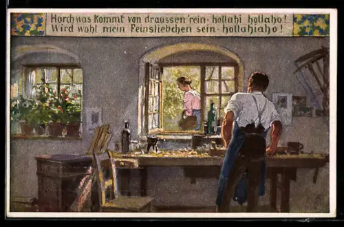 Künstler-AK P. Hey, Volksliederkarte Nr. 57: Horch was kommt von draussen rein, Mann blickt zu Frau durch`s Fenster