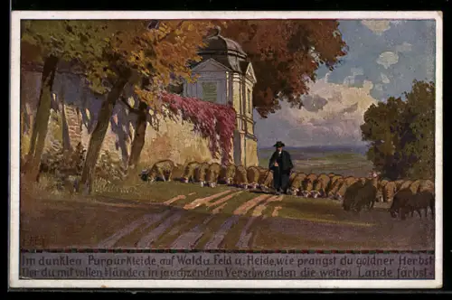 Künstler-AK Paul Hey: Goldener Herbst, Hirte bring Schafe zurück