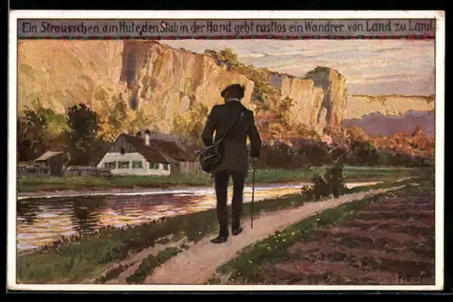 Künstler-AK Paul Hey: Wanderer an einem Fluss, Verein für das Deutschtum im Ausland