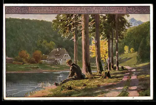 Künstler-AK Paul Hey: Wanderer sitzt am Ufer, Verein für das Deutschtum im Ausland