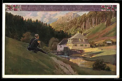 Künstler-AK Paul Hey: Wanderer an einer Wassermühle, Verein für das Deutschtum im Ausland