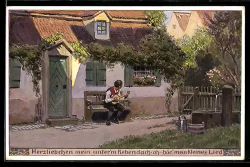 Künstler-AK P. Hey, Volksliederkarte Nr. 95: Herzliebchen mein unter`m Rebendach, Musiker mit Gitarre