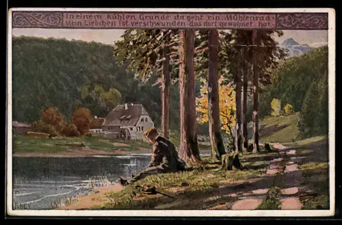 Künstler-AK Paul Hey: Wanderer sitzt am Ufer, Verein für das Deutschtum im Ausland