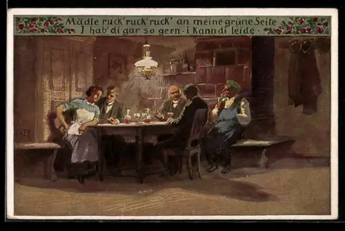 Künstler-AK Paul Hey: Volksliederkarte Nr. 67: Mädle ruck` ruck` ruck`, Herren flirten mit einer Dame