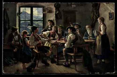 Künstler-AK sign. Emil Rau: Männer im Gasthaus beim Glücksspiel