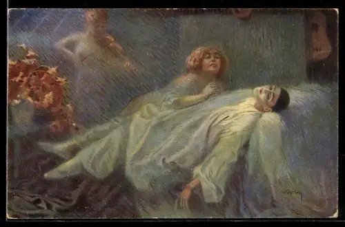 Künstler-AK Luis Usabal: Carnevals-Rausch, erschöpfter Harlekin mit Frau