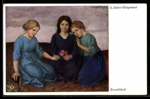 Künstler-AK Hans Huber-Sulzemoos: Freundschaft, Mädchen mit blauen Kleidern