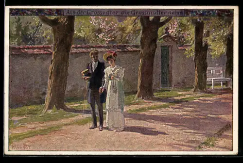 Künstler-AK P. Hey, Volksliederkarte Nr. 54: Als der Grossvater die Grossmutter nahm, Hochzeitspaar auf einem Wegstück