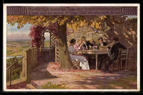 Künstler-AK P. Hey: An einem sonnigen Herbsttag unter dem schattigen Baume