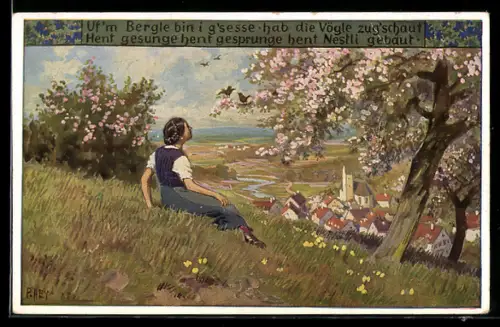 Künstler-AK P. Hey, Volksliederkarte Nr. 74: Frau auf der Wiese unter einem blühenden Baum sitzend