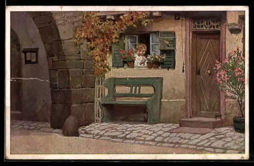 Künstler-AK P. Hey: Die Lore am Tore, Dame am Fenster, Verein für das Deutschtum im Ausland