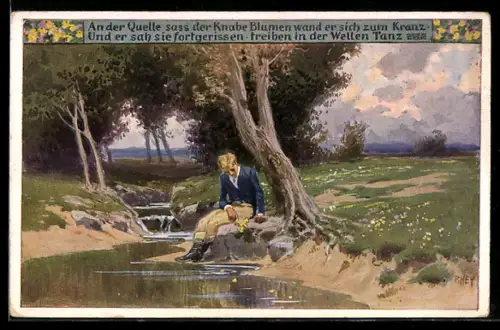 Künstler-AK P. Hey, Volksliederkarte Nr. 94: An der Quelle sass der Knabe, Junge sitzt am Bach