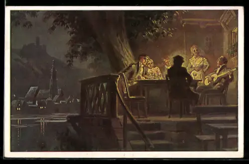 Künstler-AK Paul Hey: Wirtshaus am Rhein, Verein für das Deutschtum im Ausland