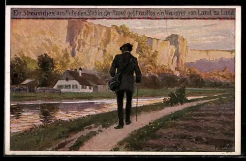 Künstler-AK Paul Hey: Wanderer an einem Fluss, Verein für das Deutschtum im Ausland