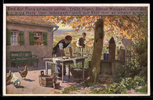 Künstler-AK P. Hey, Volksliederkarte Nr.58: Frau wäscht Wäsche im Garten, Mann steht am Zaun und beobachtet sie