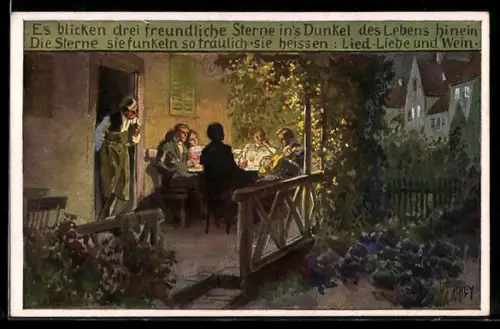 Künstler-AK P. Hey, Volksliederkarte Nr. 71: Es blicken drei freudige Sterne, Mann mit Gitarre