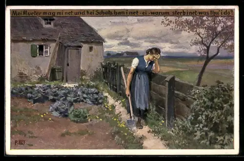 Künstler-AK Paul Hey: Volksliederkarte Nr. 93: Mei Mueter mag mi net, trauriges Mädchen