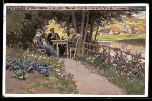 Künstler-AK P. Hey, Volksliederkarte Nr. 87: Willkommen, o seliger Abend, Alte Leute zu Tisch im Garten