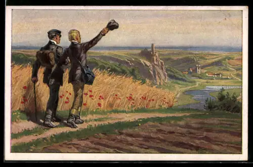 Künstler-AK Paul Hey: Zwei Männer wandern über ein Feld, Verein für das Deutschtum im Ausland
