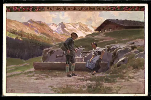 Künstler-AK Paul Hey: Volksliederkarte Nr. 90: Auf der Alm - da gibt`s koa Sünd, Liebespaar
