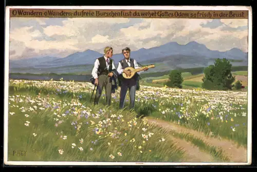 Künstler-AK Paul Hey: Volksliederkarte Nr. 92: O Wandern, o Wandern, Männer mit Gitarre auf Wanderschaft