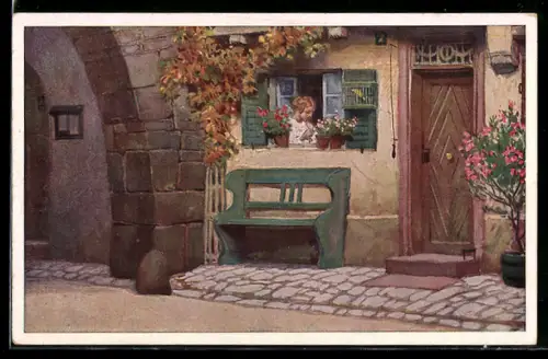 Künstler-AK P. Hey: Die Lore am Tore, Dame am Fenster, Verein für das Deutschtum im Ausland